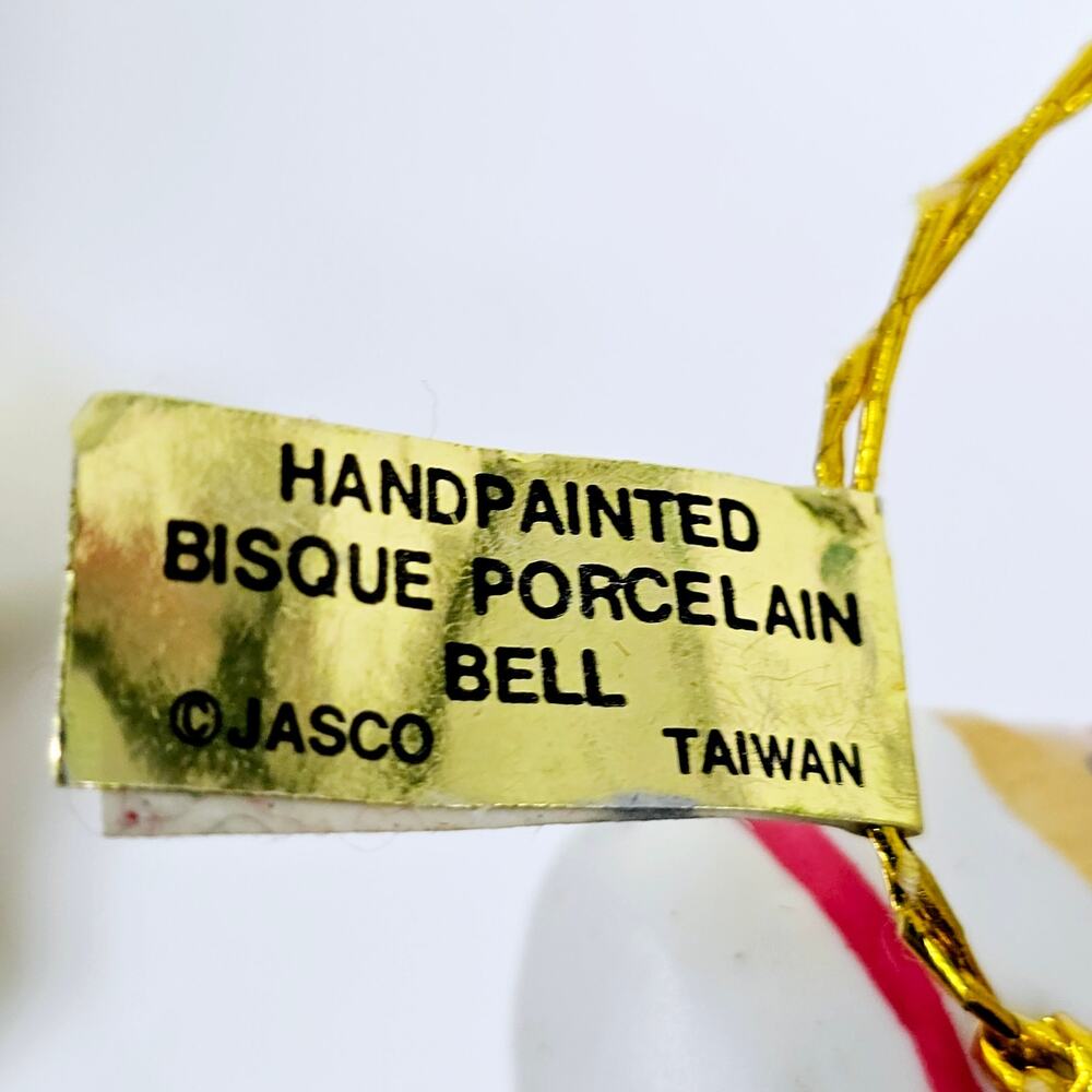 Vintage Jasco Taiwan Bisque Porcelain Bell Toys Christmas Tree Ornament Signed - Picture 4 of 6